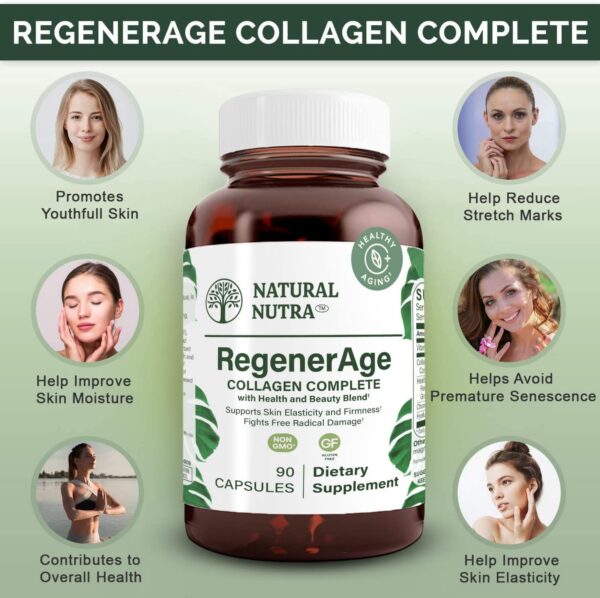 Frasco y cápsulas de suplemento Natural Nutra RegenerAge