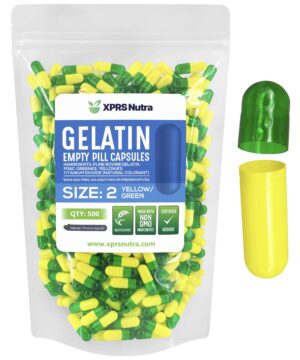 Version 1.0.0 Frasco de cápsulas vacías verdes y amarillas talla 2 XPRS Nutra