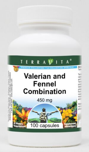 Frasco de suplemento de valeriana y hinojo TerraVita 100 cápsulas