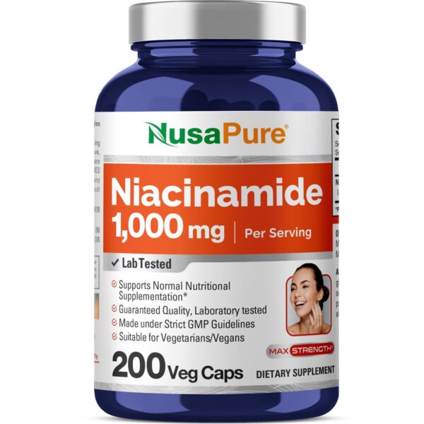 Frasco de cápsulas vegetales NusaPure Niacinamida 1000mg