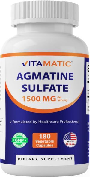 Frasco con cápsulas vegetales de sulfato de agmatina Vitamatic