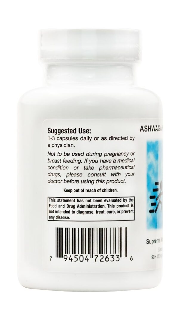 Frasco de cápsulas vegetarianas Ashwagandha pura Supreme Nutrition