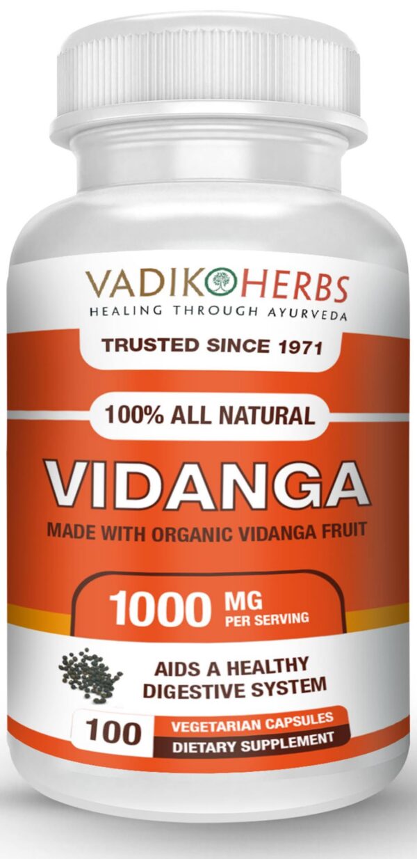 Frasco cápsulas Vidanga orgánico certificadas Vadik Herbs ayurvédicas