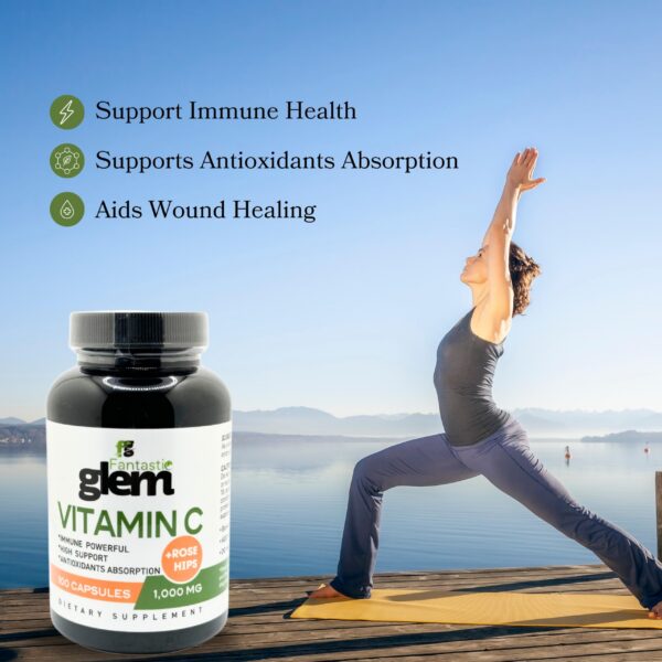 Frasco de cápsulas vitamina C 1000 mg Fantastic Glem para antioxidantes