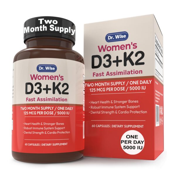 Version 1.0.0 Frasco cápsulas Vitamina D3 5000 UI K2 Dr. Wise para mujeres