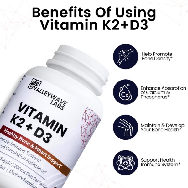 Frasco cápsulas vitaminicas Valleywave Labs d3 k2 60 unidades