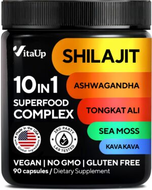 Frasco de cápsulas VitaUp Shilajit 10 en 1 con kava kava