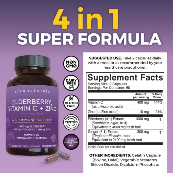 Frasco de cápsulas Viva Naturals saúco negro 120 unidades