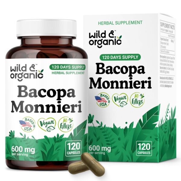 Frasco cápsulas Wild & Organic Bacopa Monnieri 600 mg apoyo cerebral