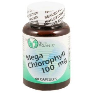 Frasco de cápsulas World Organics Mega Clorofila 100mg