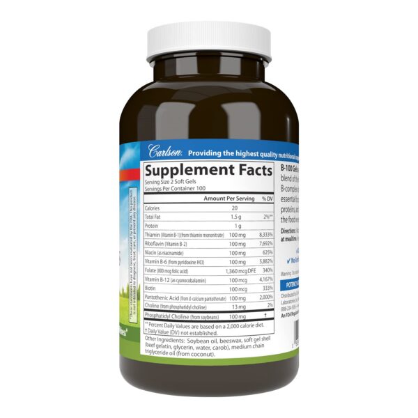 Frasco Carlson B-100 vitaminas B alta potencia 200 cápsulas
