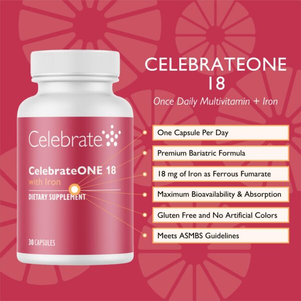 Frasco de CelebrateONE 18 con 30 cápsulas para apoyo bariátrico