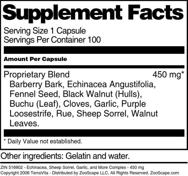 Frasco cerrado suplemento complejo herbal Echinacea ajo TerraVita