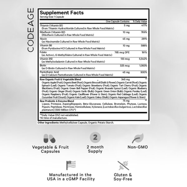 Frasco Codeage Raw suplemento vitamina B con probióticos