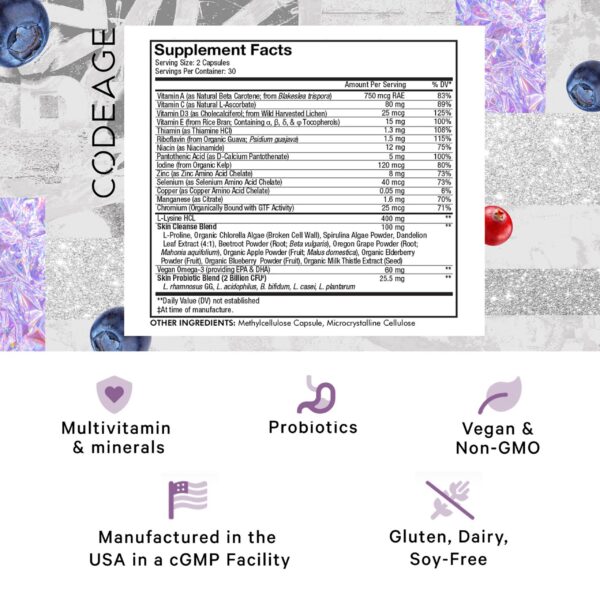 Frasco de suplemento Codeage para piel y granos