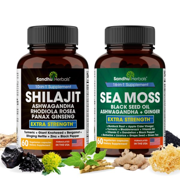 Frasco combo suplemento Shilajit Sea Moss Sandhu Herbals 120 cápsulas