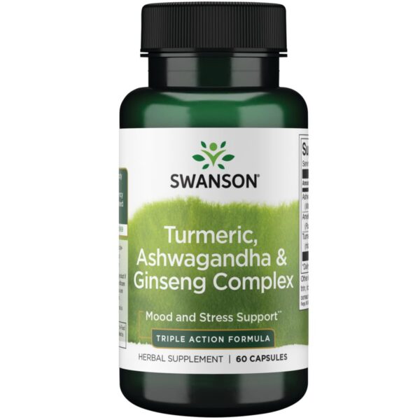 Frasco complejo Swanson cúrcuma ashwagandha y ginseng 60 cápsulas
