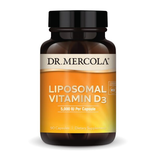 Frasco Dr Mercola vitamina d3 liposomal 5000 ui 90 cápsulas