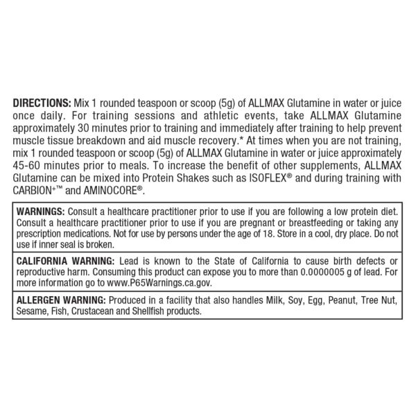 Frasco con etiqueta ALLMAX L-Glutamina