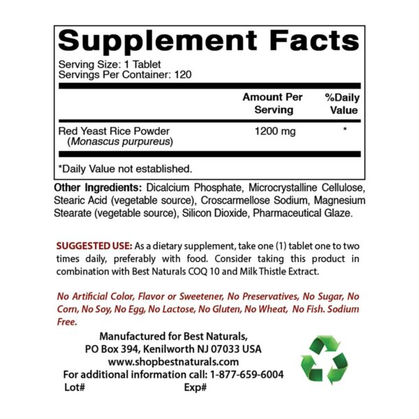 Frasco y etiqueta Best Naturals arroz rojo de levadura 1200 mg