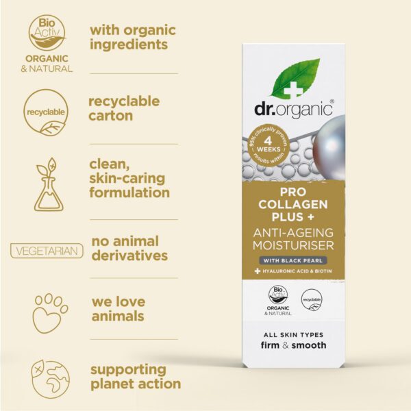 Frasco y etiqueta de Dr Organic Colágeno Perla Negra