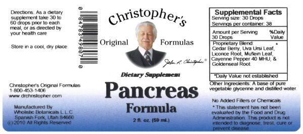 Frasco y etiqueta fórmula páncreas Dr. Christopher