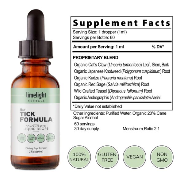 Frasco con etiqueta fórmula Tick apoyo avanzado inmunológico