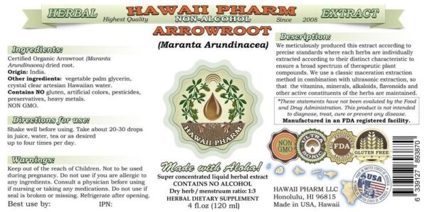 Frasco extracto Arrowroot sin alcohol suplemento natural Hawaii Pharm