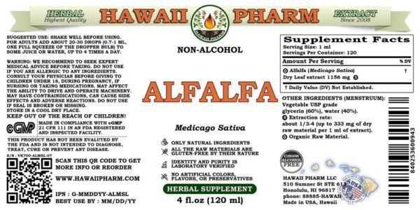 Frasco de extracto herbal de alfalfa líquida sin alcohol 4 oz Hawaii Pharm