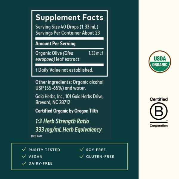 Frasco extracto hoja olivo Gaia Herbs con propiedades antioxidantes