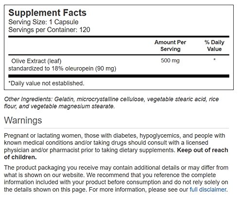 Frasco extracto hoja de olivo Vitacost Synergy 500mg