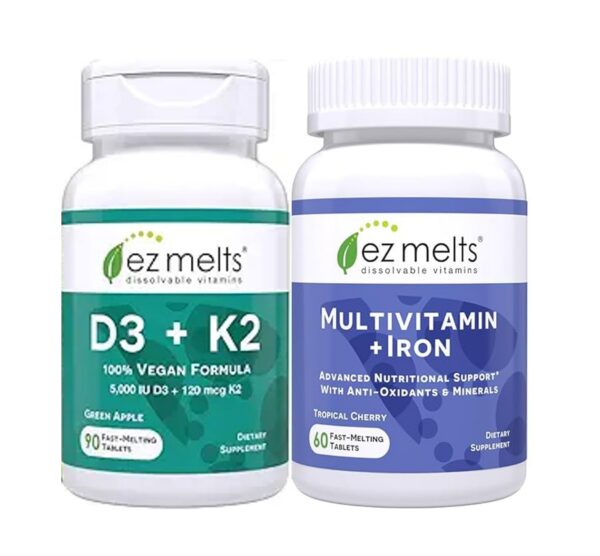Frasco frontal EZ Melts Vitamina D3 K2 y Multivitamínico con Hierro