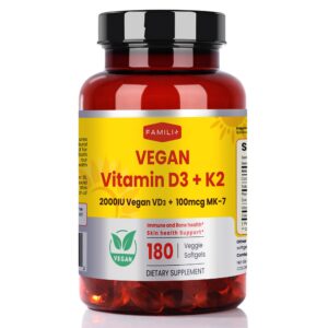 Frasco FAMILI+ vitamina D3 y K2 vegana 180 cápsulas con aceite MCT