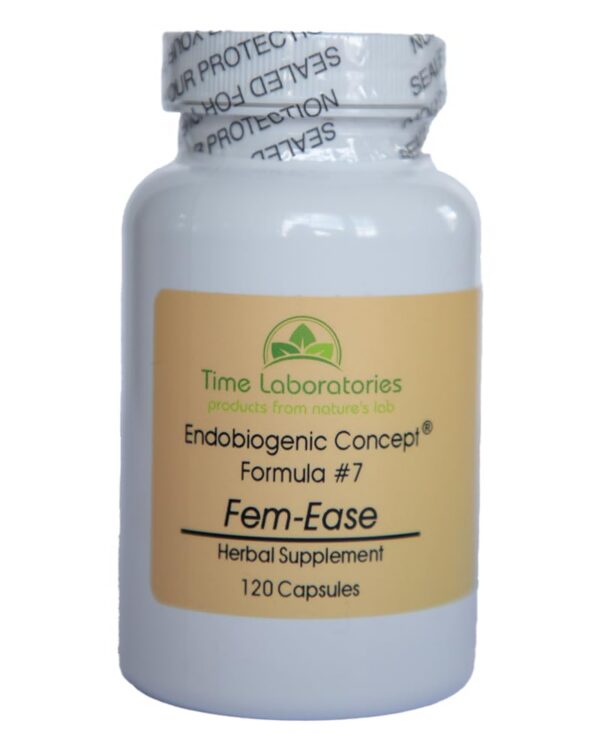 Version 1.0.0 Frasco Fem-Ease de Time Laboratories con cápsulas para hormonas femeninas