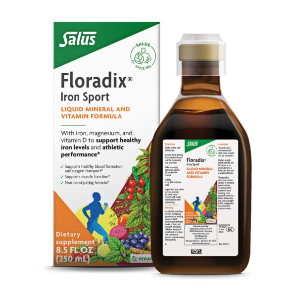 Frasco Floradix Iron Sport con etiqueta visible