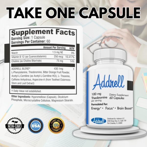 Frasco de cápsulas Focus Pep Addrell para claridad mental