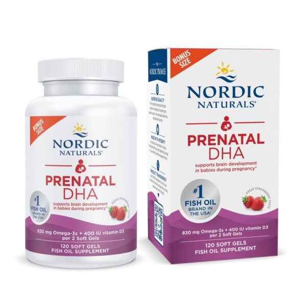 Frasco frontal Nordic Naturals Prenatal DHA sabor fresa
