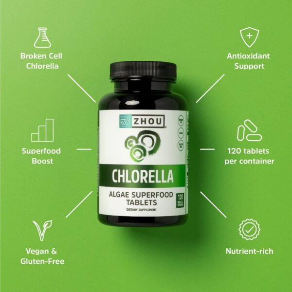 Frasco frontal Zhou Nutrition tabletas de chlorella veganas