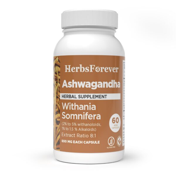 Frasco frontales cápsulas Ashwagandha Herbsforever 60 veganas 800mg