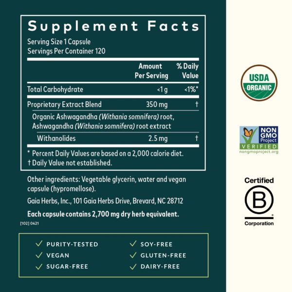 Version 1.0.0 Frasco Gaia Herbs cápsulas Ashwagandha para salud mental y energía