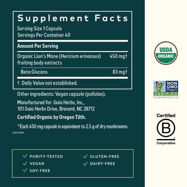 Frasco Gaia Herbs champiñón melena de león para concentración