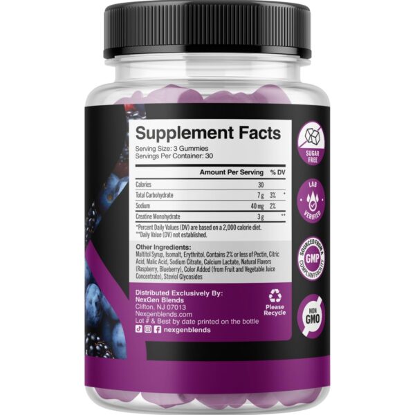 Frasco de gomitas creatina monohidrato con etiqueta