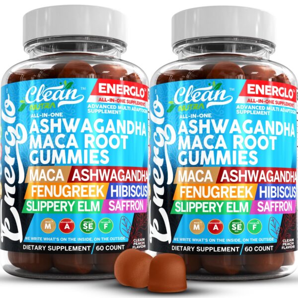 Frasco gomitas Energlo Ashwagandha y Maca sabor durazno 60 unidades