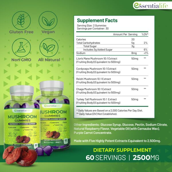 Frasco de gomitas Lions Mane Essentialife con 120 unidades