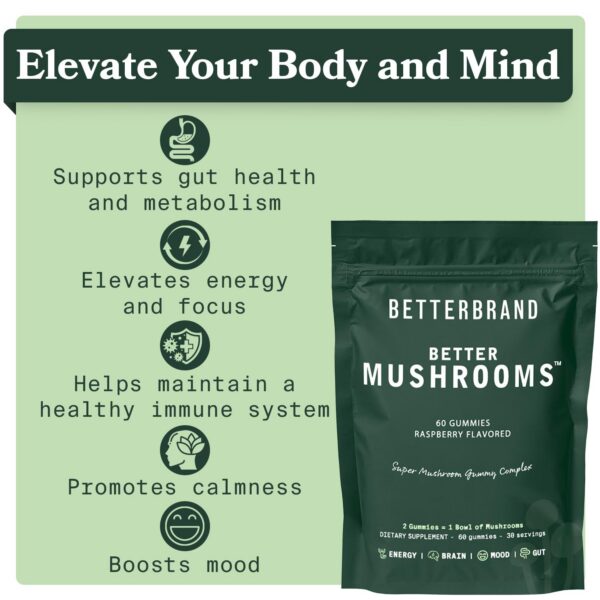 Frasco gomitas hongos Betterbrand apoyo salud intestinal y energía