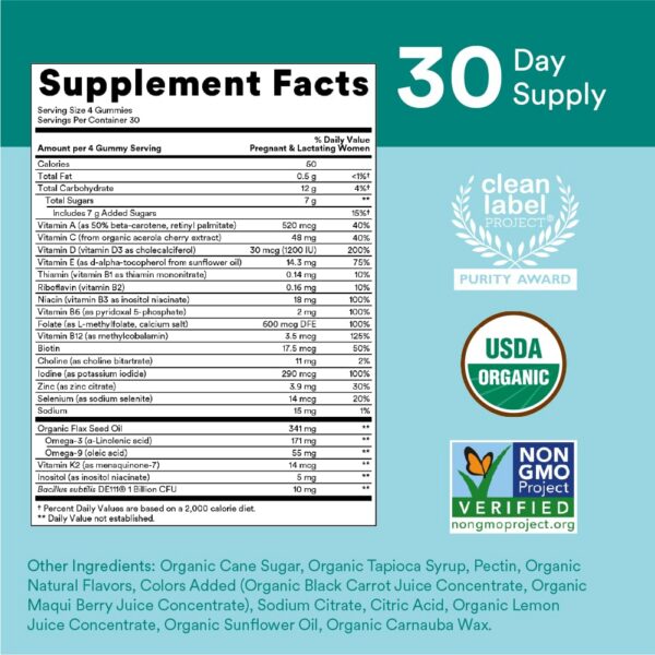 Frasco gomitas orgánicas para niños y mujeres con nutrientes esenciales