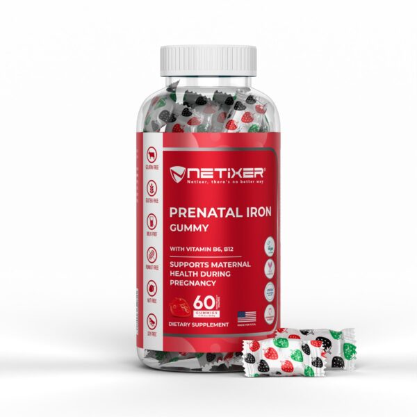 Version 1.0.0 Frasco de gomitas prenatales con etiqueta frontal