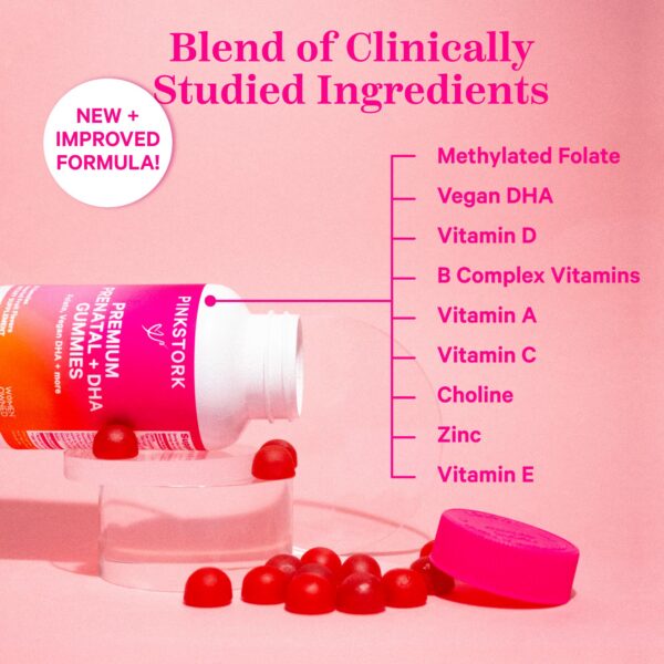 Frasco gomitas prenatales vegan Pink Stork con DHA y folato