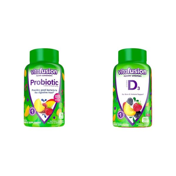 Frasco gomitas probióticas vitafusion sabores frambuesa durazno mango