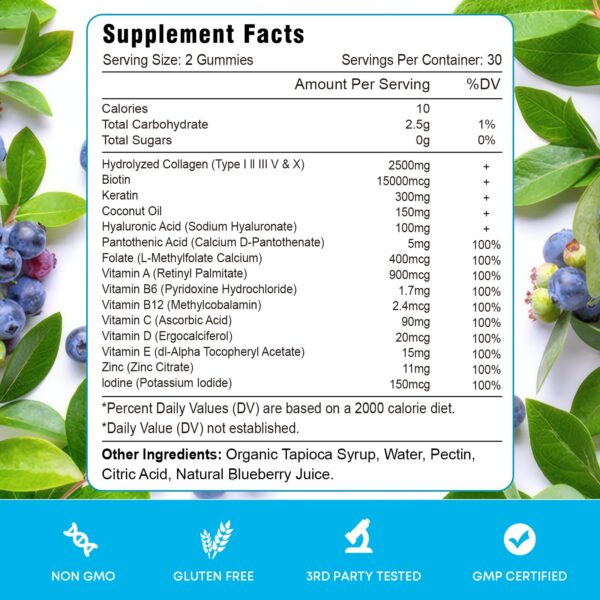 Suplemento gomitas sabor arándano para cabello y uñas fuertes